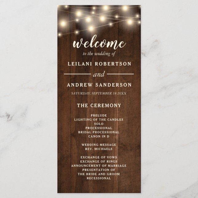 Rustic Wood String Light Wedding Program (Front)