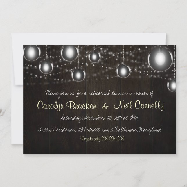 Rustic Wood String Light Wedding Rehearsal Dinner Invitation (Front)