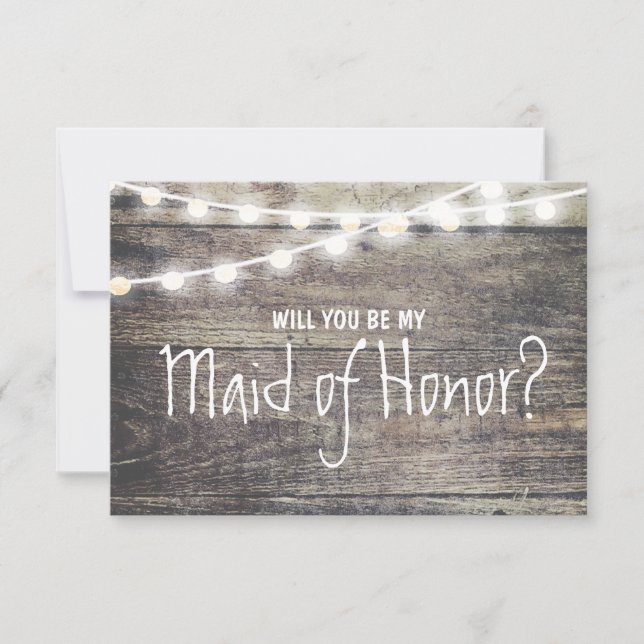Rustic wood string light Will you be my maid of Invitation (Front)
