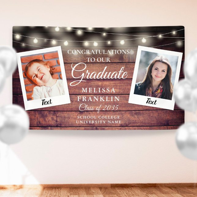 Rustic Wood String Lights 2 Photo Graduation Banner (Creator Uploaded)