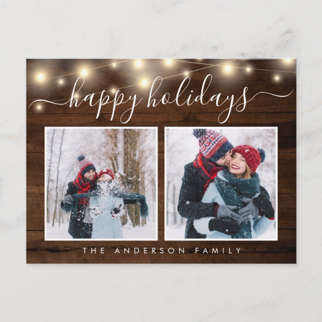 Rustic Wood String Lights 2 Photo Holiday Postcard (Front)