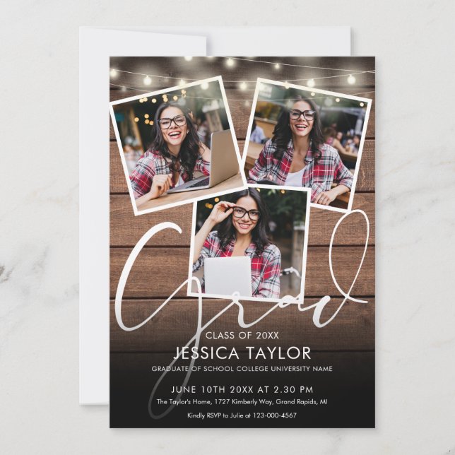 Rustic Wood String Lights 4 Photo Graduation Party Invitation (Front)
