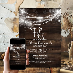 Rustic Wood String Lights 50th Birthday Party Invitation