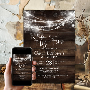 Rustic Wood String Lights 55th Birthday Party Invitation