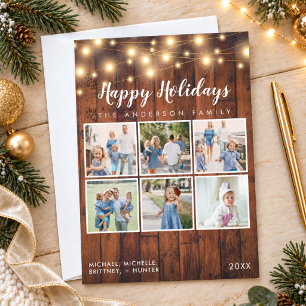 Rustic Wood String Lights 6 Photo Collage Holiday Card