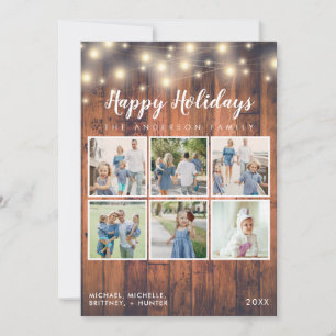 Rustic Wood String Lights 6 Photo Collage Holiday Card