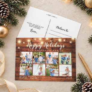 Rustic Wood String Lights 8 Photo Collage Holiday Postcard