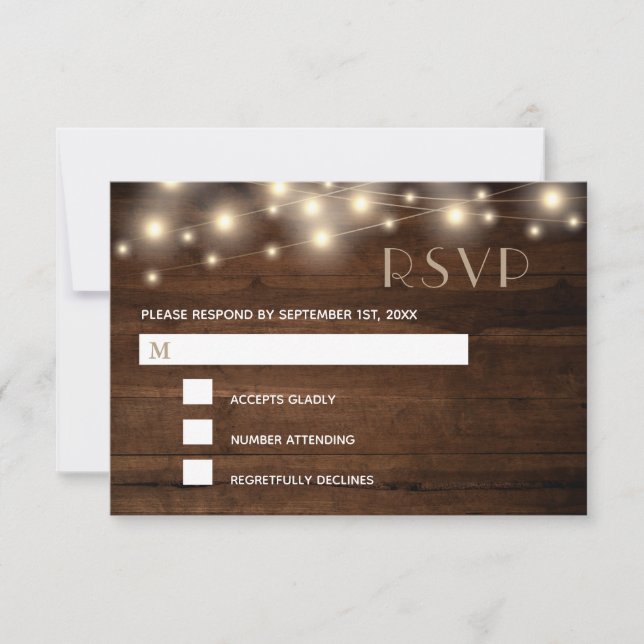 Rustic Wood String Lights and Lace | RSVP Card (Front)