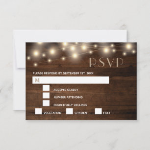 Rustic Wood String Lights and Lace   RSVP Meal Card