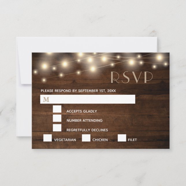Rustic Wood String Lights and Lace | RSVP Meal Card (Front)