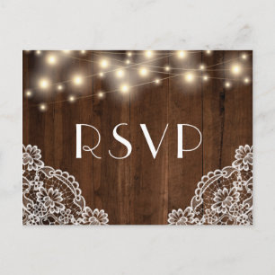 Rustic Wood String Lights and Lace RSVP Meal Invitation Postcard