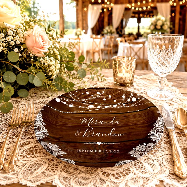 Rustic Wood String Lights and Lace Wedding Paper Plate (Creator Uploaded)