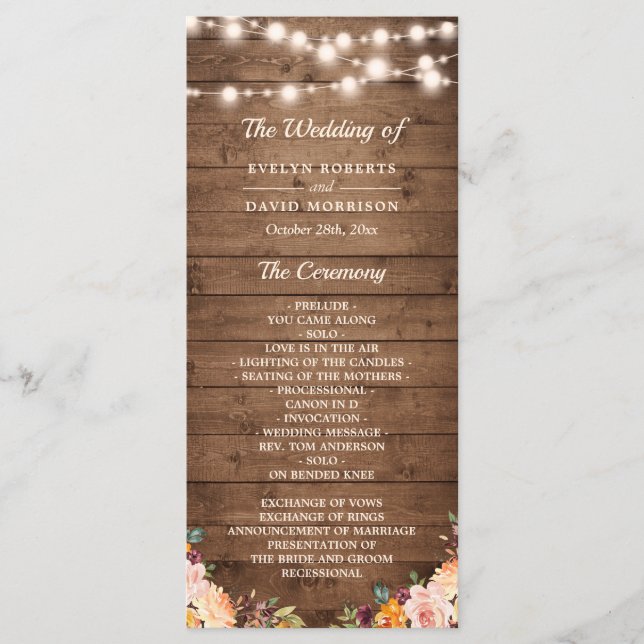 Rustic Wood String Lights Autumn Floral Wedding Program (Front)