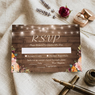 Rustic Wood String Lights Autumn Floral Wedding RSVP Card