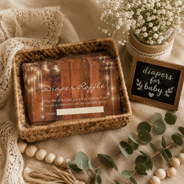 Rustic Wood String Lights Baby Diaper Raffle Enclosure Card (Celebration with this charming rustic wood string lights baby shower diaper raffle enclosure card.)