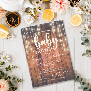 Rustic Wood String Lights Baby Shower Invitation