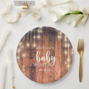 Rustic Wood String Lights Baby Shower Paper Plate