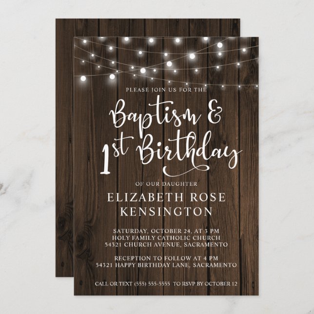 Rustic Wood String Lights Baptism 1st Birthday Invitation (Front/Back)