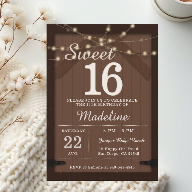Rustic Wood String Lights Barn Door Chic Sweet 16 Invitation (rustic sweet 16 birthday party invitation barn door wood string lights backyard outdoors cowboy west)