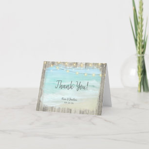 Rustic Wood String Lights Beach Wedding Thank You Card