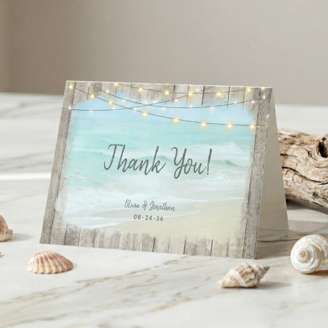 Rustic Wood String Lights Beach Wedding Thank You Card (Creator Uploaded)