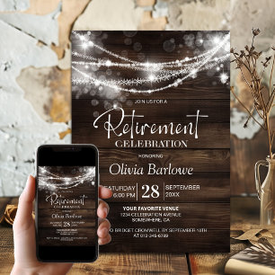 Rustic Wood String Lights Black Retirement Party Invitation