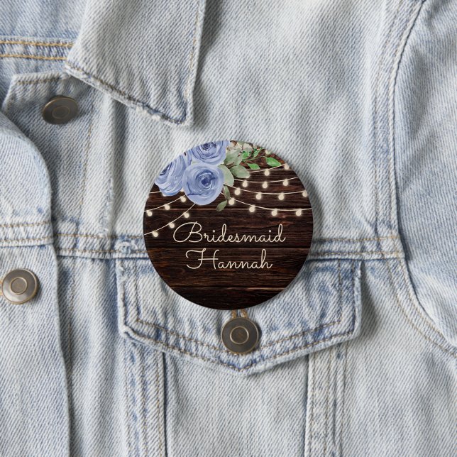 Rustic Wood String Lights Blue Floral Bridesmaid 7.5 Cm Round Badge (In Situ)