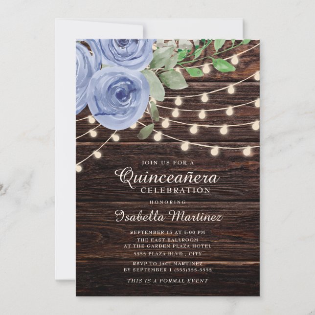 Rustic Wood String Lights Blue Floral Quinceañera Invitation (Front)