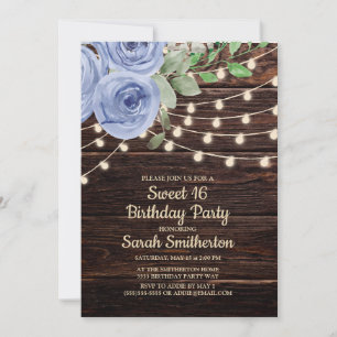 Rustic Wood String Lights Blue Floral Sweet 16 Invitation