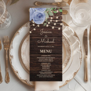 Rustic Wood String Lights Blue Floral Wedding Menu