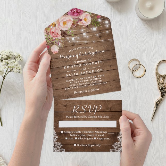 Rustic Wood String Lights Blush Floral Wedding All In One Invitation (Creator Uploaded)