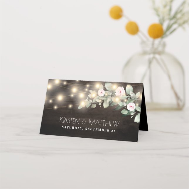 Rustic Wood String Lights Boho Greenery Wedding Place Card (Back)