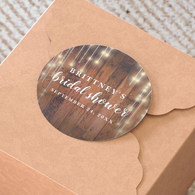 Rustic Wood String Lights Bridal Shower Classic Round Sticker (Creator Uploaded)