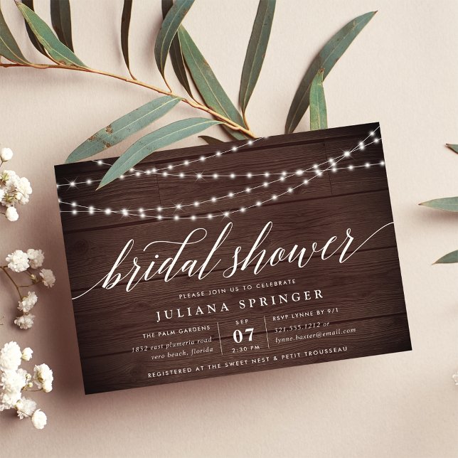 Rustic Wood String Lights Bridal Shower Invitation (Creator Uploaded)