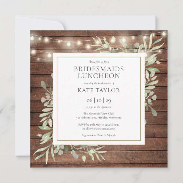 Rustic Wood String Lights Bridesmaids Luncheon Invitation (Front)