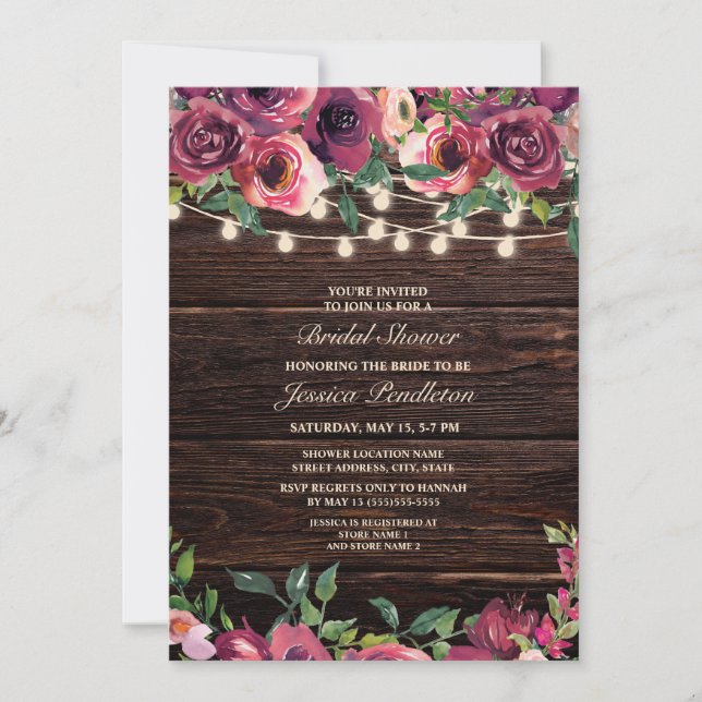 Rustic Wood String Lights Burgundy Floral Bridal Invitation (Front)