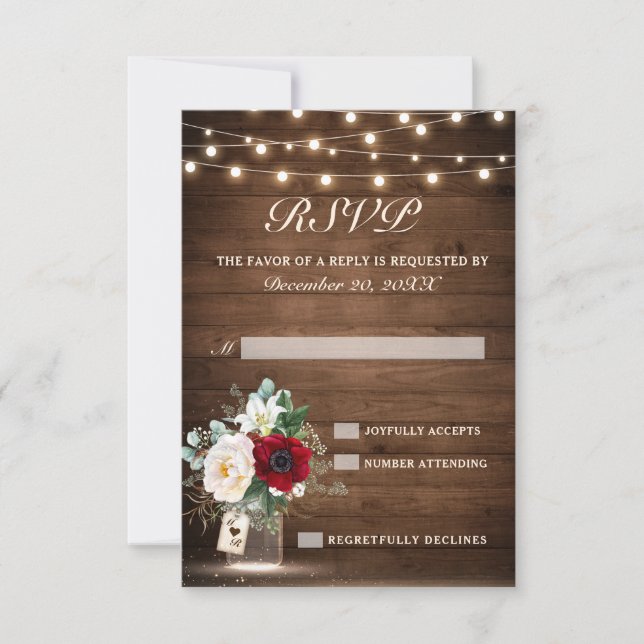 Rustic Wood String Lights Burgundy Floral Wedding RSVP Card (Front)