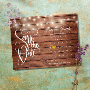 Rustic Wood String Lights Calendar Save the Date Announcement Postcard