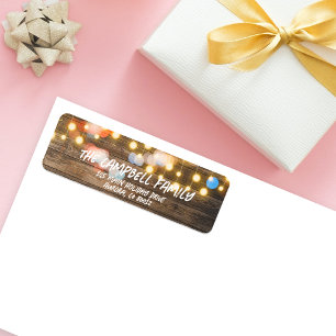 Rustic Wood String Lights Christmas Return Address Label
