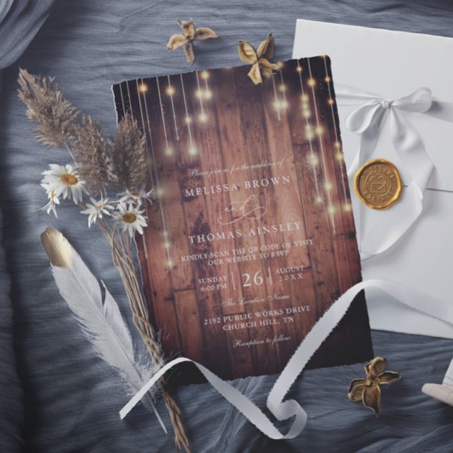 Rustic Wood String Lights Elegant QR Code Wedding Invitation (Creator Uploaded)