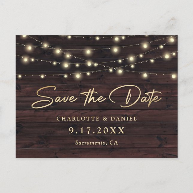 Rustic Wood String Lights Elegant Script Wedding Announcement Postcard (Front)