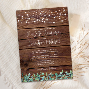 Rustic Wood String Lights Eucalyptus QR Wedding In Invitation