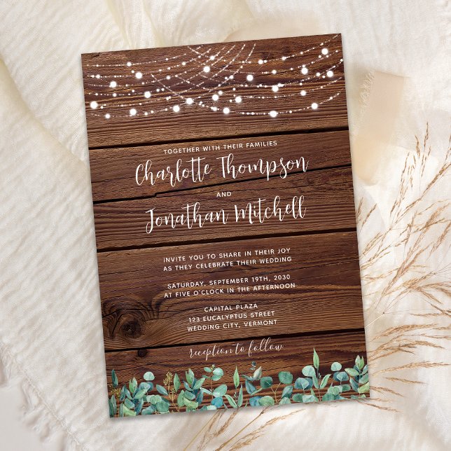 Rustic Wood String Lights Eucalyptus QR Wedding In Invitation (Creator Uploaded)