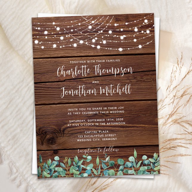 Rustic Wood String Lights Eucalyptus Wedding Invit Invitation Postcard (Creator Uploaded)