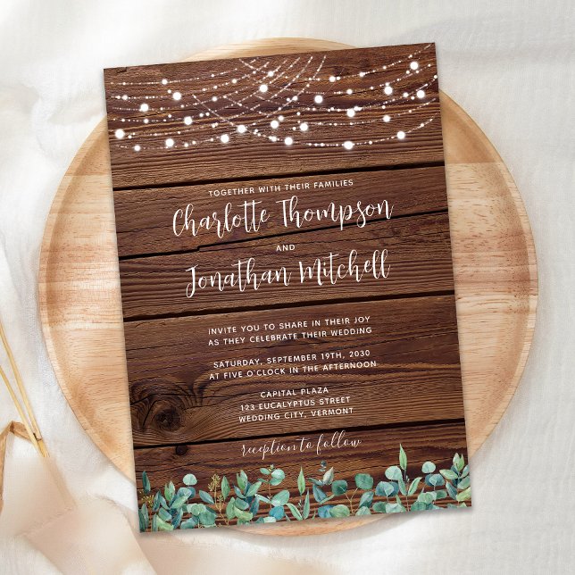 Rustic Wood String Lights Eucalyptus Wedding Invitation (Creator Uploaded)