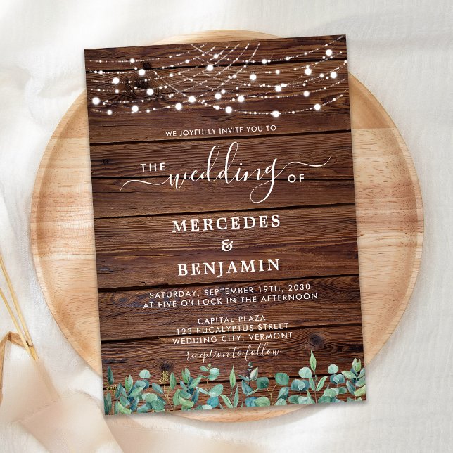 Rustic Wood String Lights Eucalyptus Wedding Invitation (Creator Uploaded)