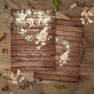 Rustic Wood String Lights Floral 50th Anniversary Invitation