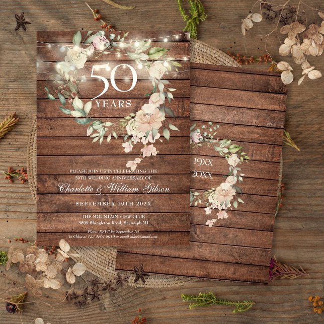 Rustic Wood String Lights Floral 50th Anniversary Invitation (Rustic Wood String Lights Floral 50th Anniversary Invitation)