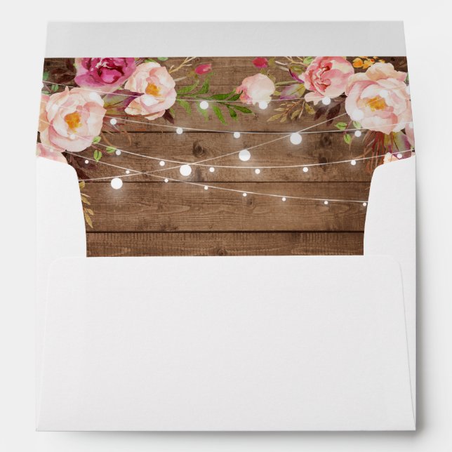 Rustic Wood String Lights Floral Custom Address Envelopes (Back (Bottom))