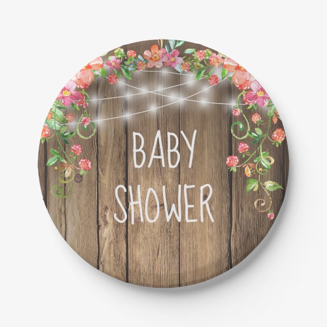 Rustic Wood String Lights Floral Girl Baby Shower Paper Plate (Front)